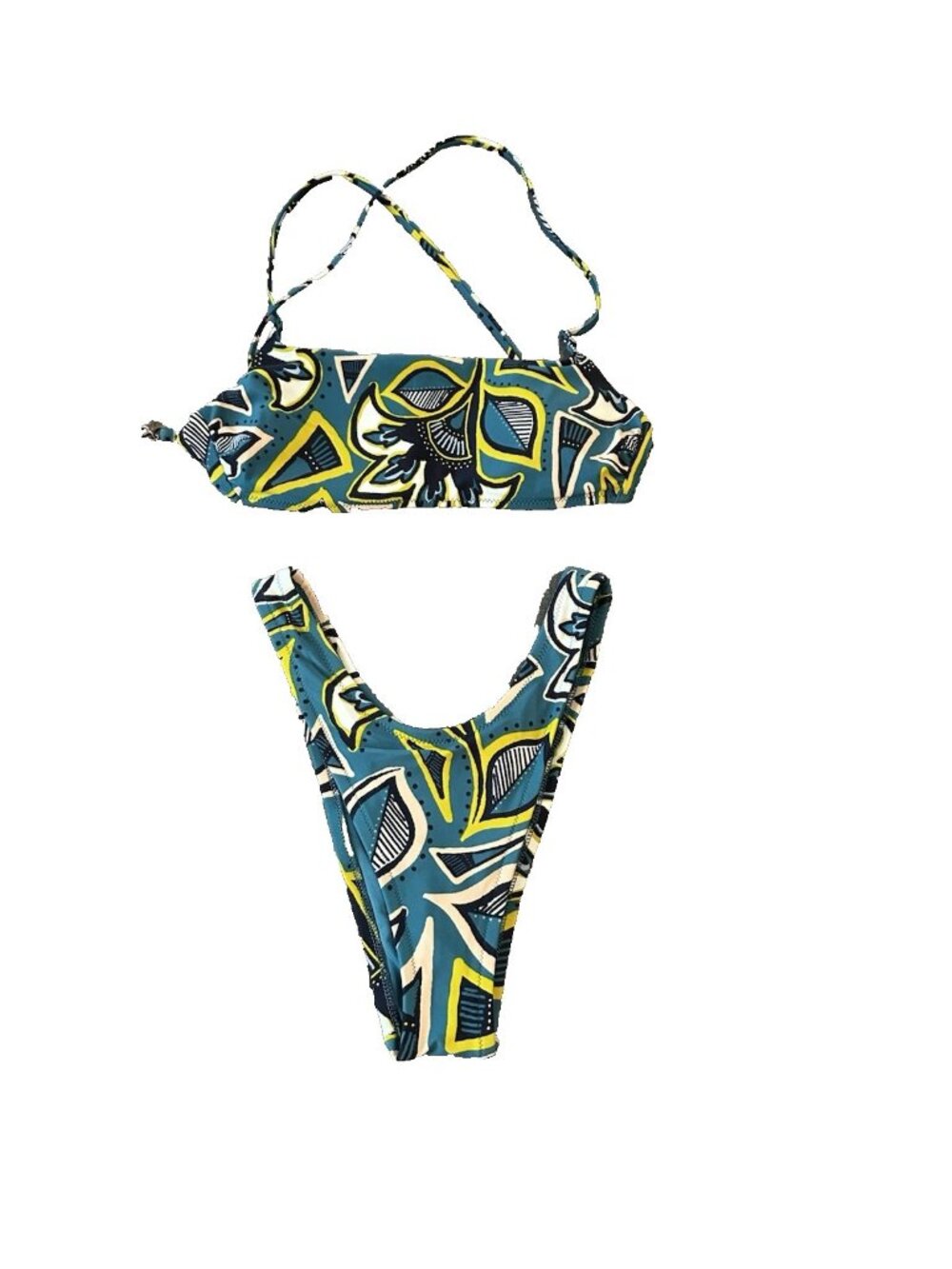 Aerie Womens Geometric Bandeau Abstract Bikini Set S High‎ Leg Cheeky Blue Green